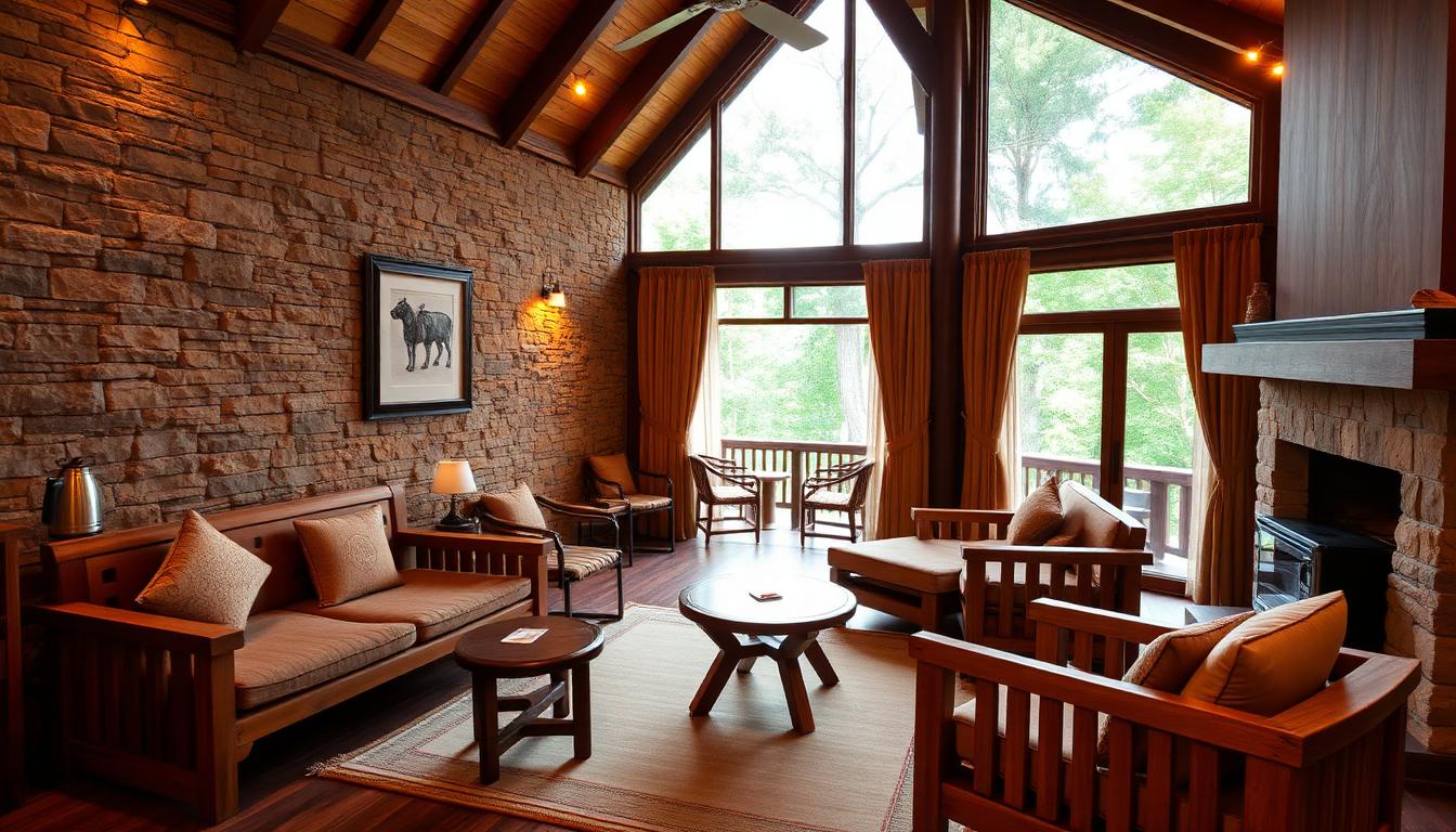 Kingfisher Suite interior at The Banyan Retreat with stone wall, timber accents and lounge