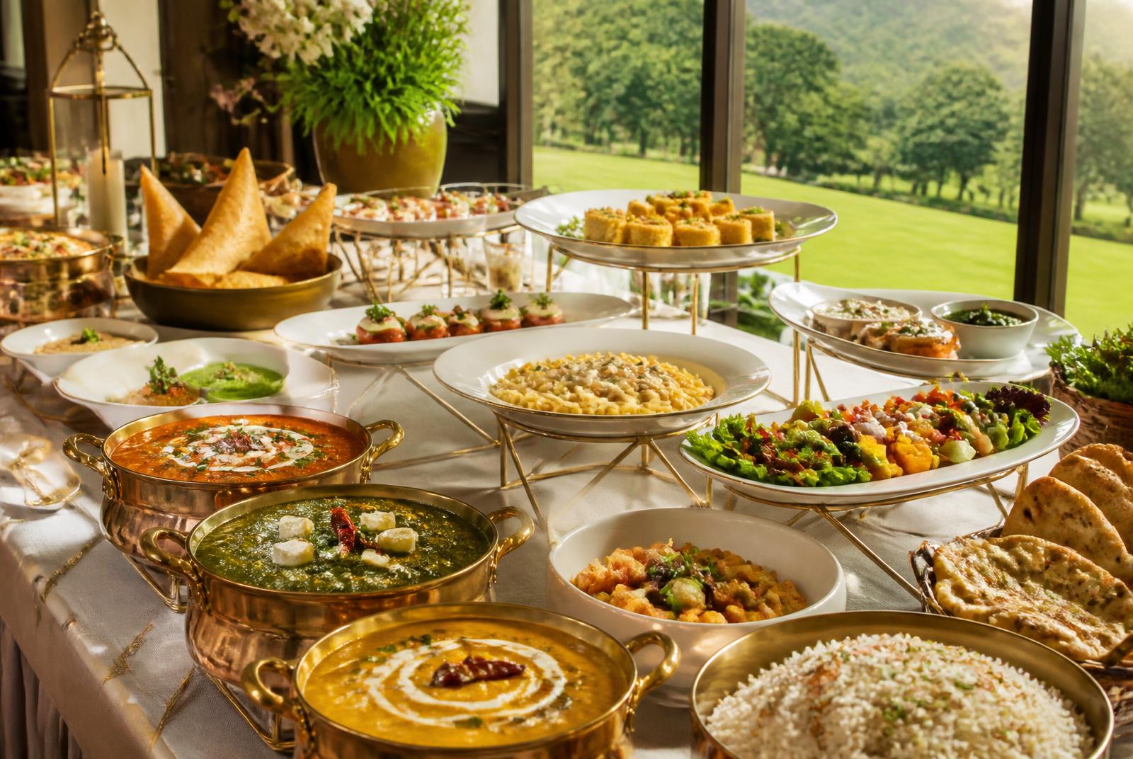Buffet spread of North Indian and Continental dishes at the Corbett resort