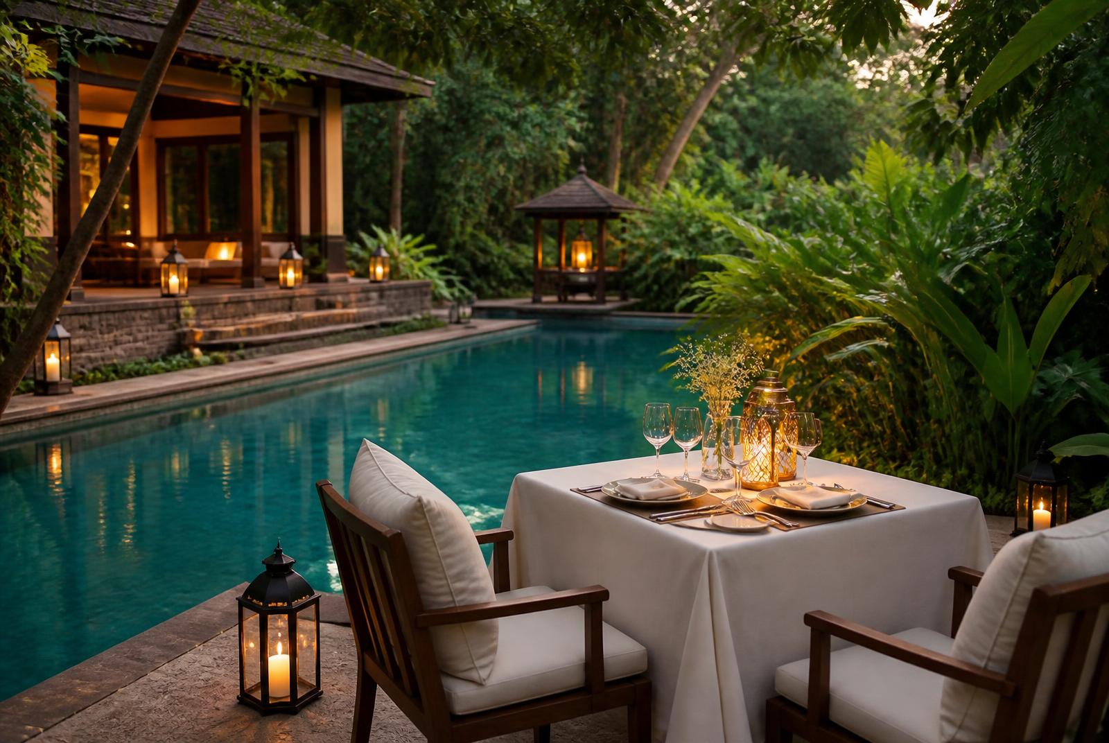 Romantic poolside dining setup at Excel Hotels & Resorts, Corbett