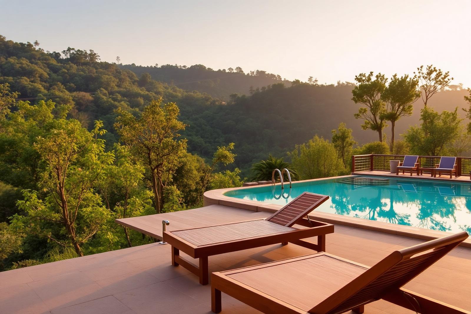 Outdoor swimming pool with forest views at Excel Hotels & Resorts, Corbett