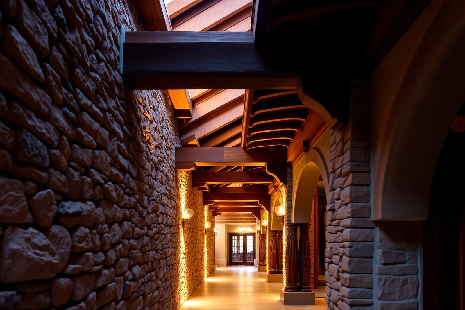 Stone and timber architecture in a corridor at La Perle River Resort