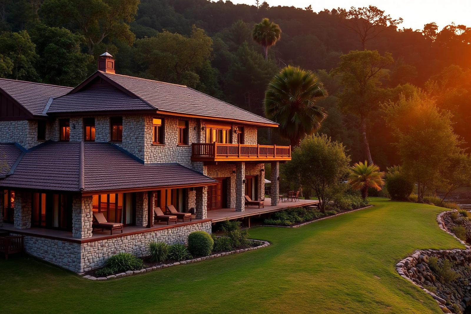 Exterior of La Perle River Resort at golden hour