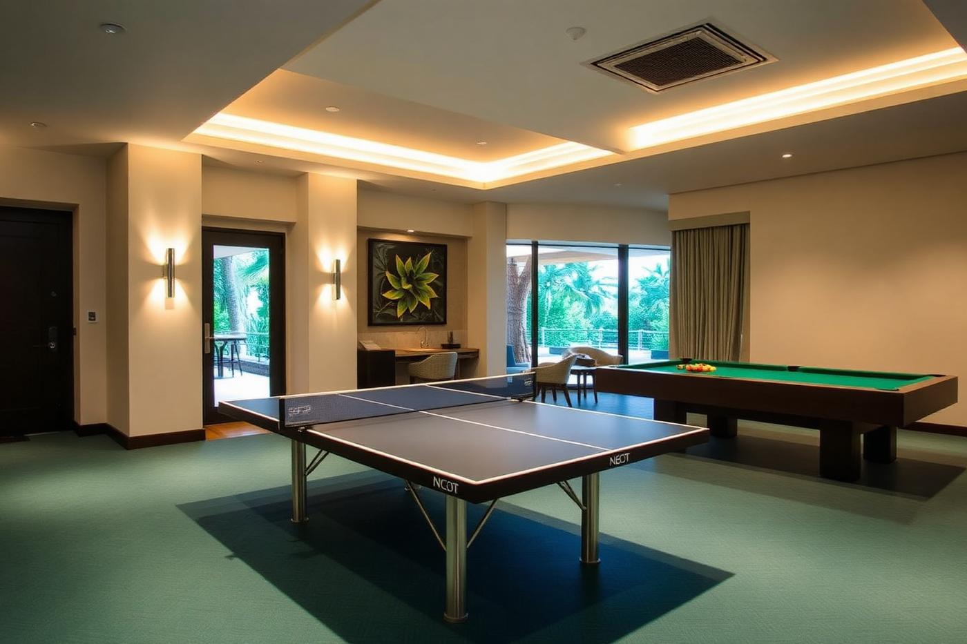 Table tennis and pool table in the recreation room at La Perle River Resort
