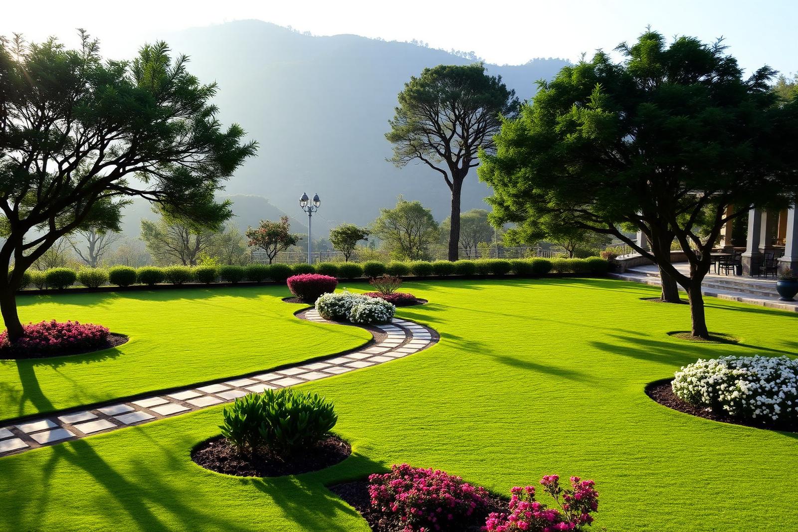 Landscaped garden lawns at La Perle River Resort
