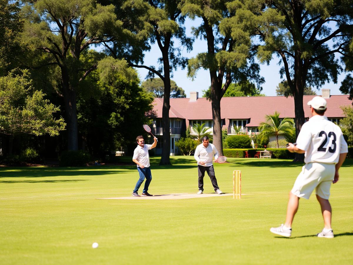 Guests playing outdoor games on the lawn at La Perle River Resort