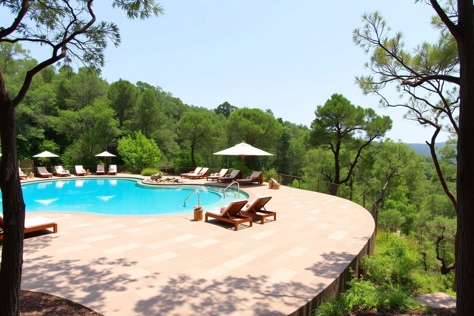 Outdoor swimming pool at La Perle River Resort, Jim Corbett