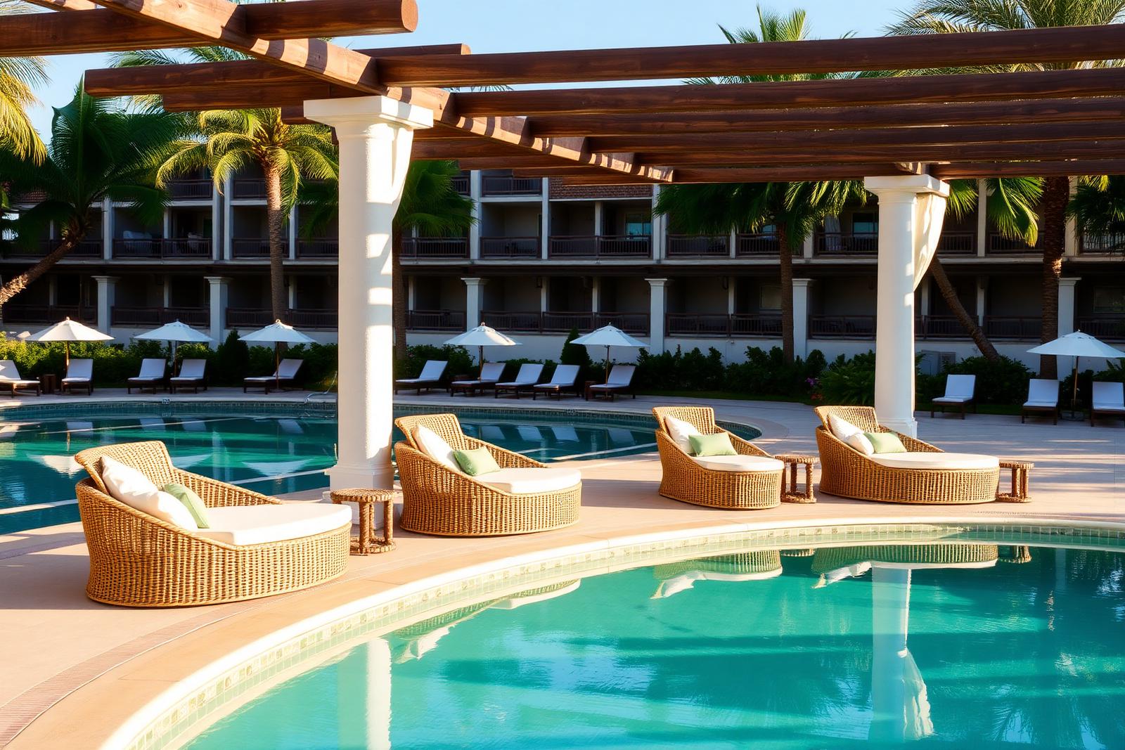 Poolside loungers and shaded seating at La Perle River Resort