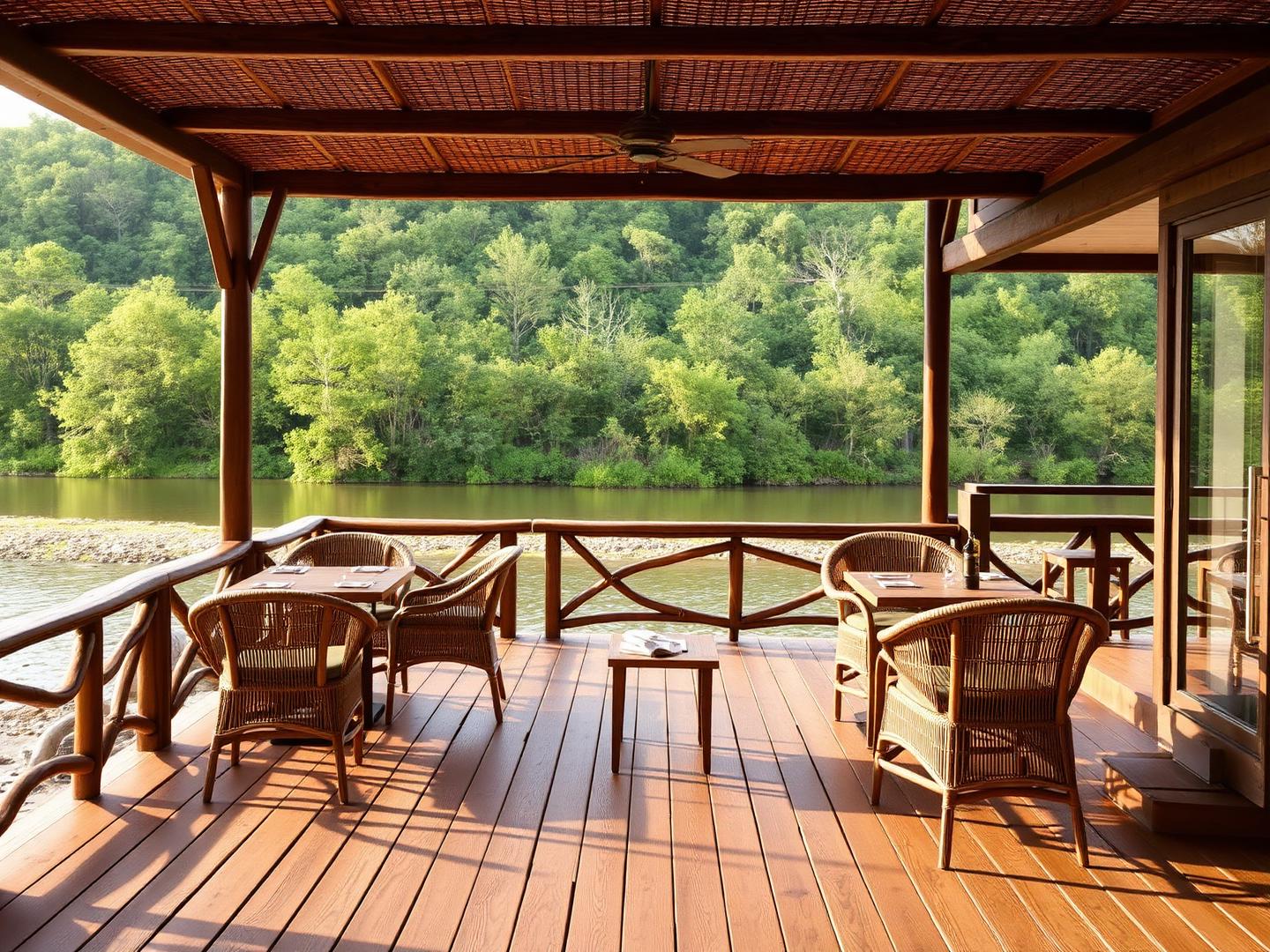 Riverside deck seating at La Perle River Resort