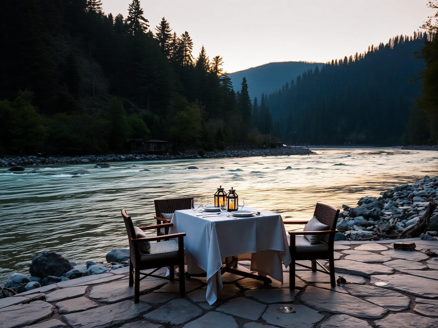 Riverside dining setup at La Perle River Resort