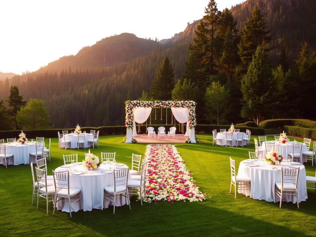 Wedding lawn set for a ceremony at golden hour at La Perle River Resort, Jim Corbett