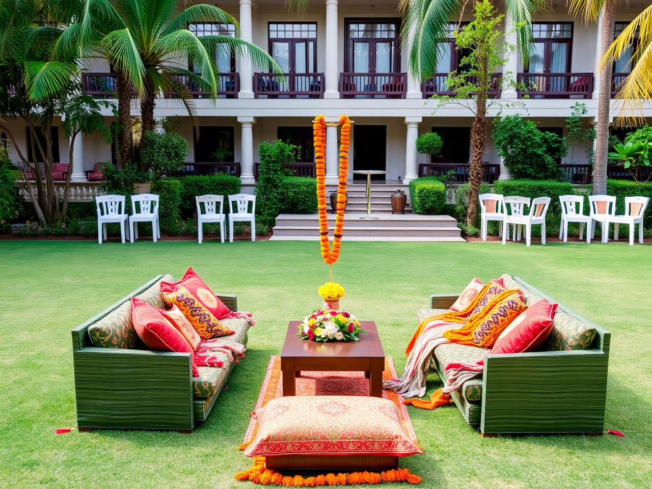Mehndi ceremony seating with marigold décor on a resort lawn at La Perle River Resort