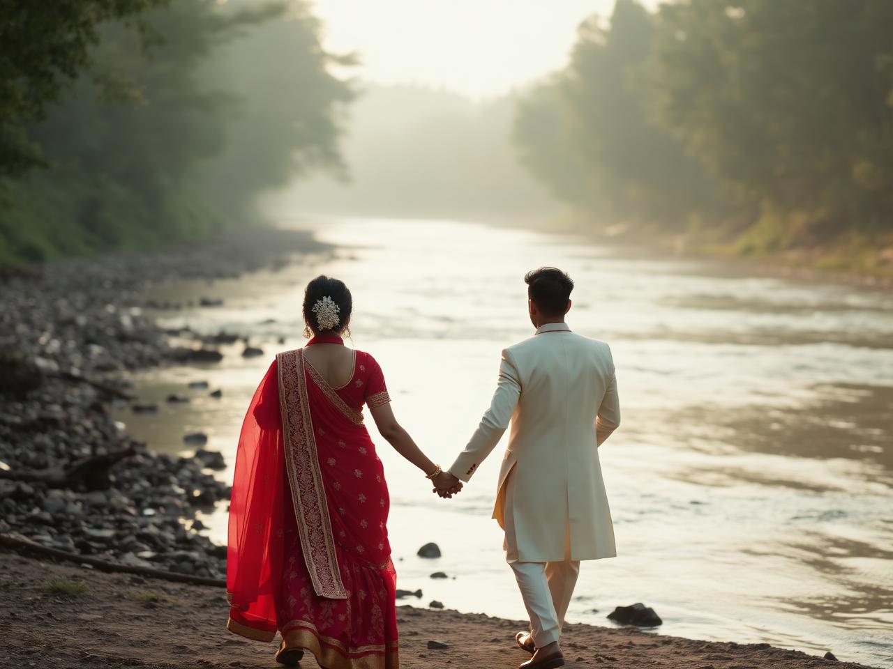 Couple walking along the Kosi riverbank during a pre-wedding shoot near La Perle River Resort