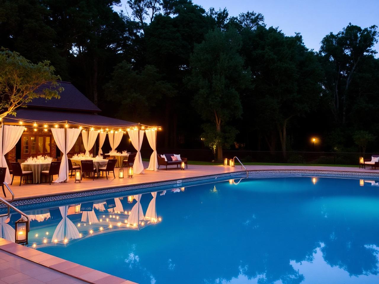 Poolside wedding cocktail venue at dusk at La Perle River Resort, Jim Corbett