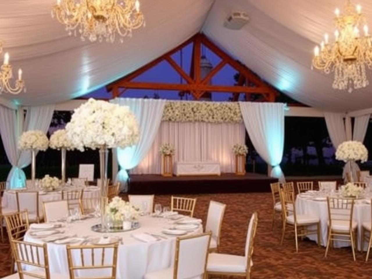Wedding reception stage with floral décor at La Perle River Resort, Jim Corbett