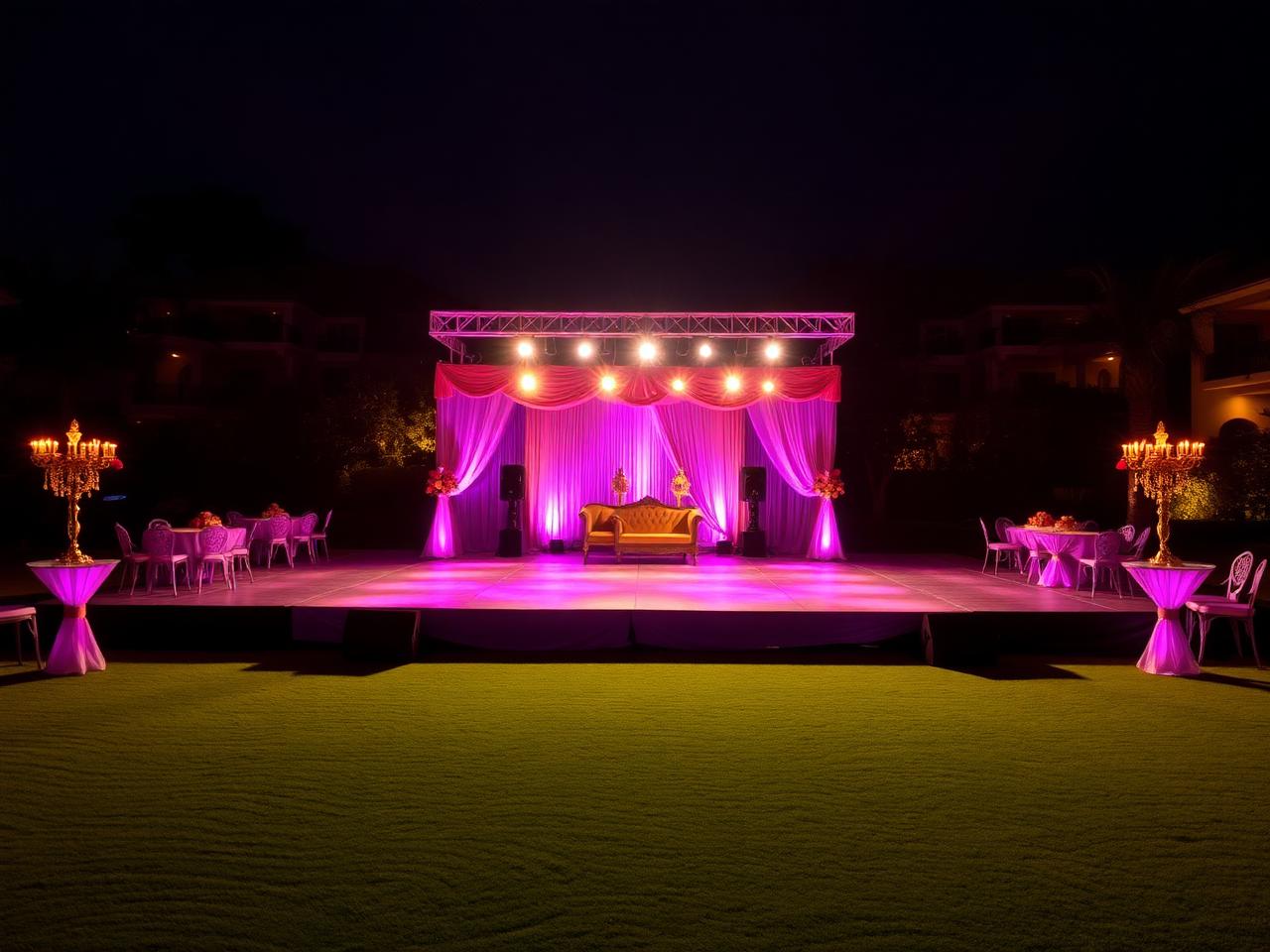 Sangeet and cocktail stage with evening lighting at La Perle River Resort