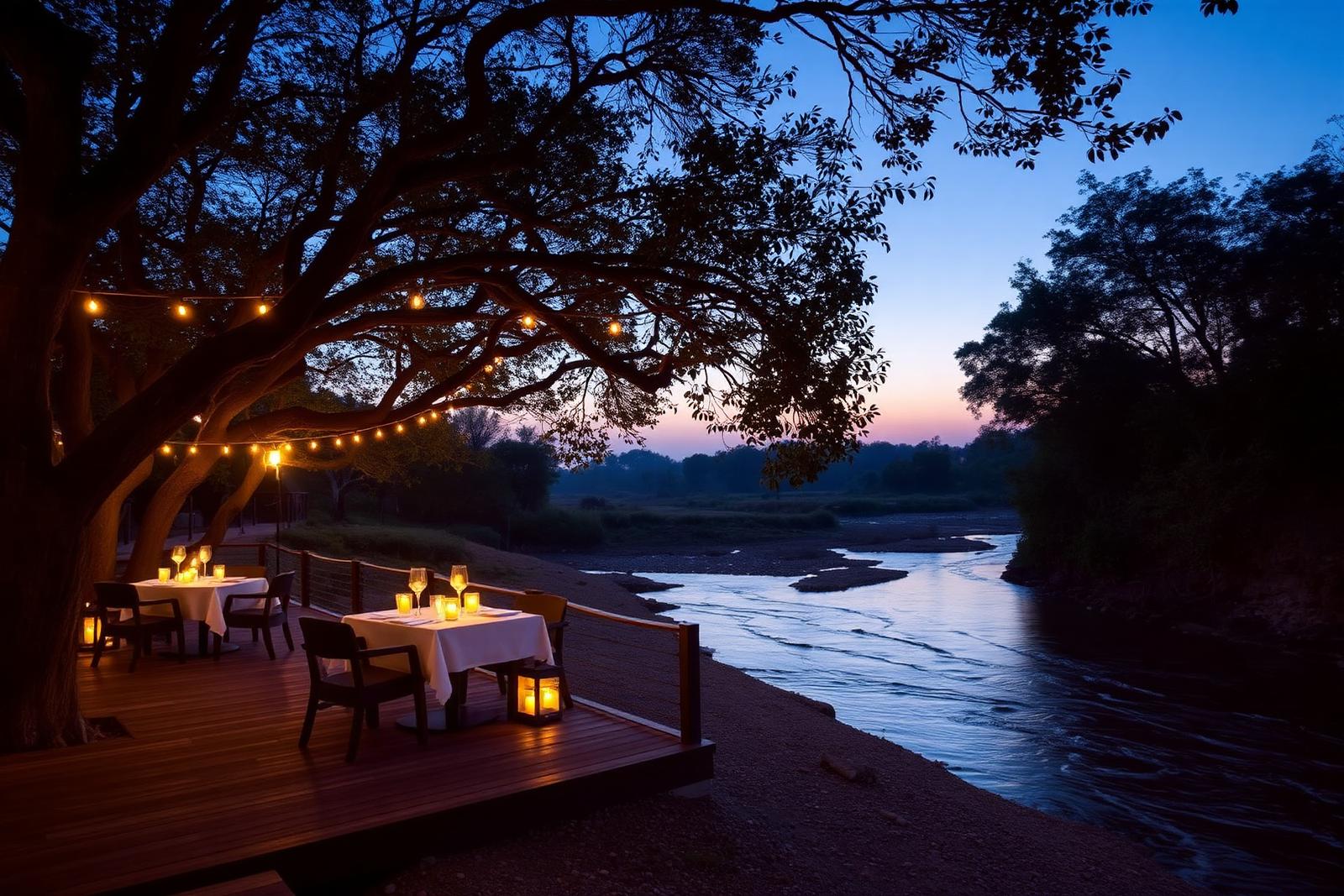 Evening riverside dining and bonfire setting at Mango Bloom River Resort