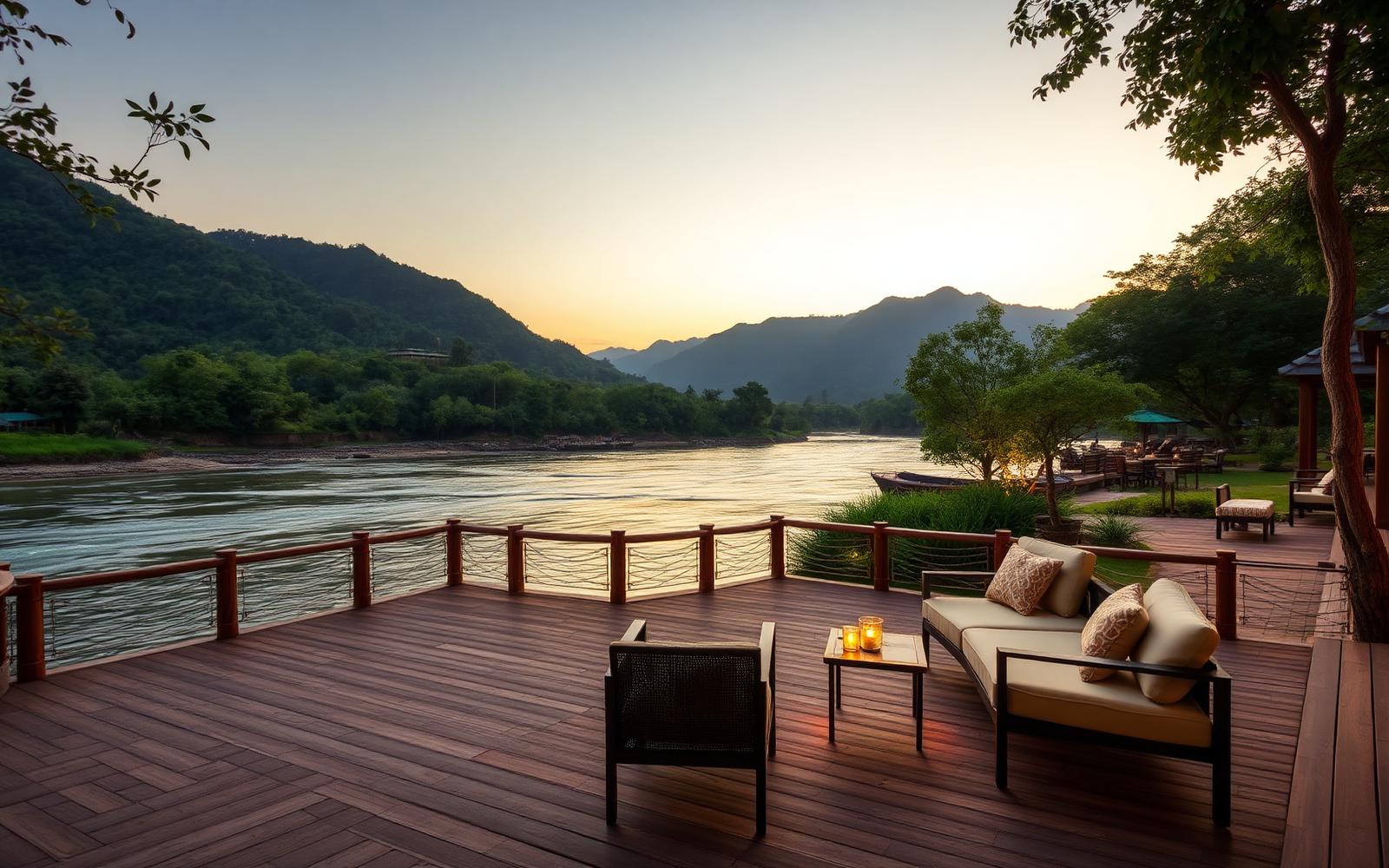 Riverside deck seating beside the Kosi River at Mango Bloom River Resort