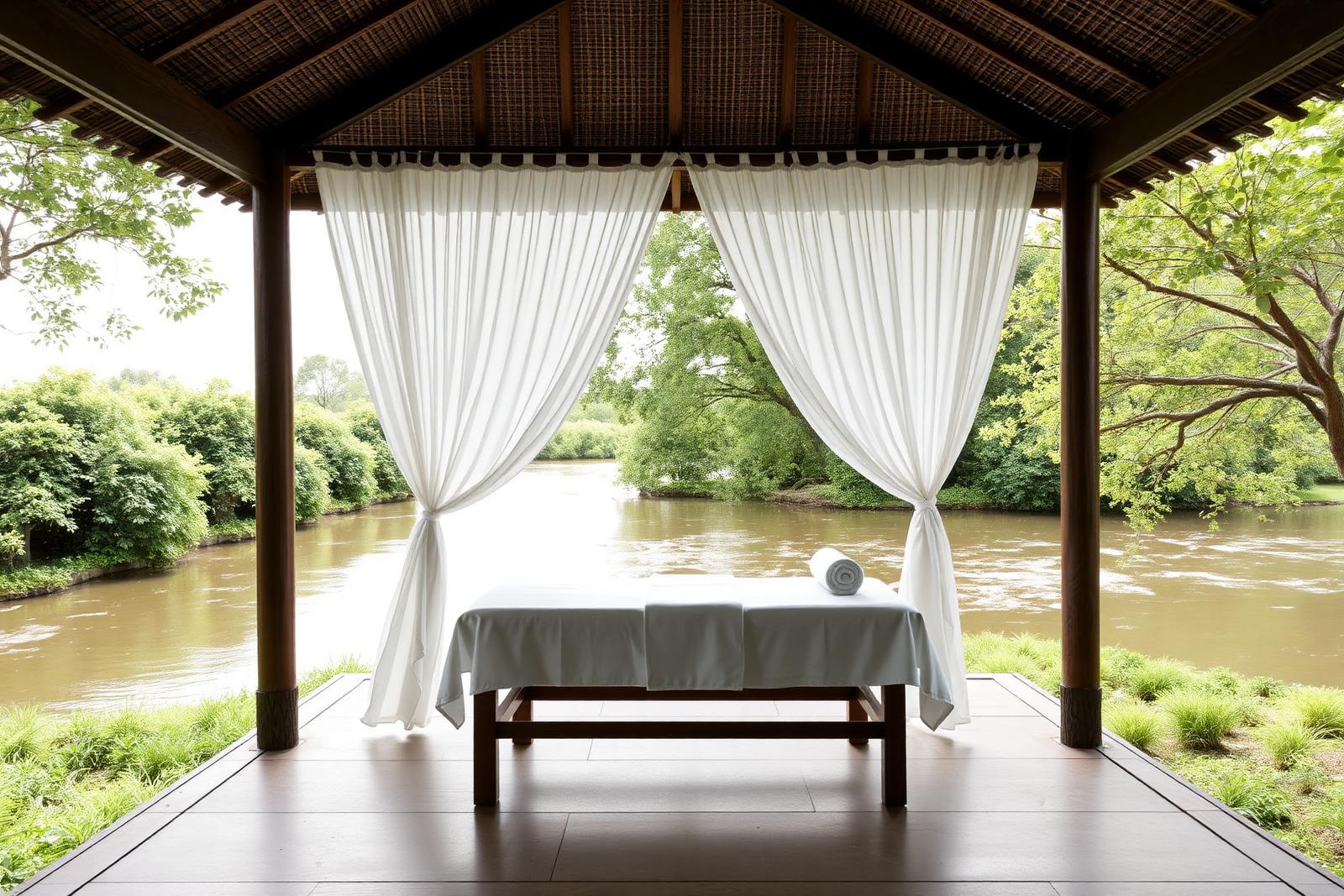 Open-air spa pavilion beside the river
