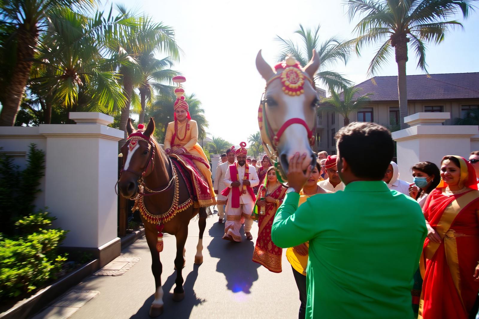 Baraat procession with dhol and decorated horse entering Mango Bloom River Resort