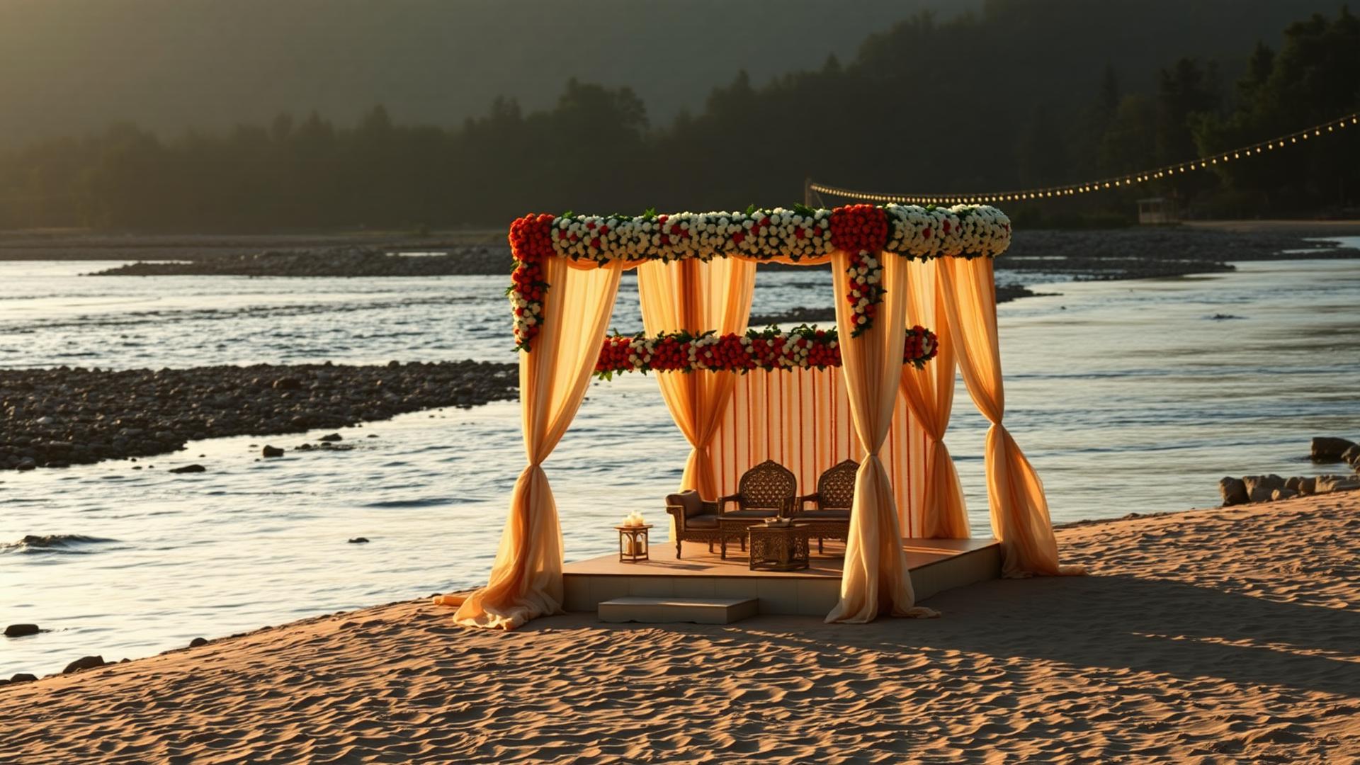 Riverside wedding ceremony setup at Mango Bloom River Resort, Jim Corbett