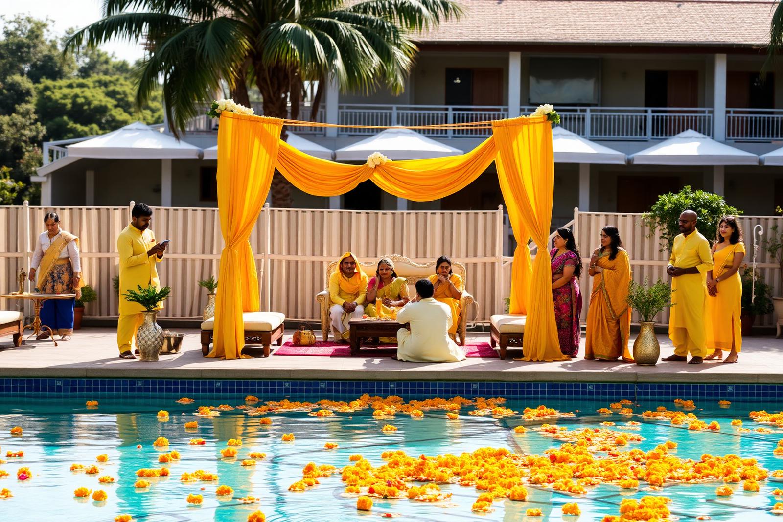 Poolside seating and evening lighting at Mango Bloom River Resort