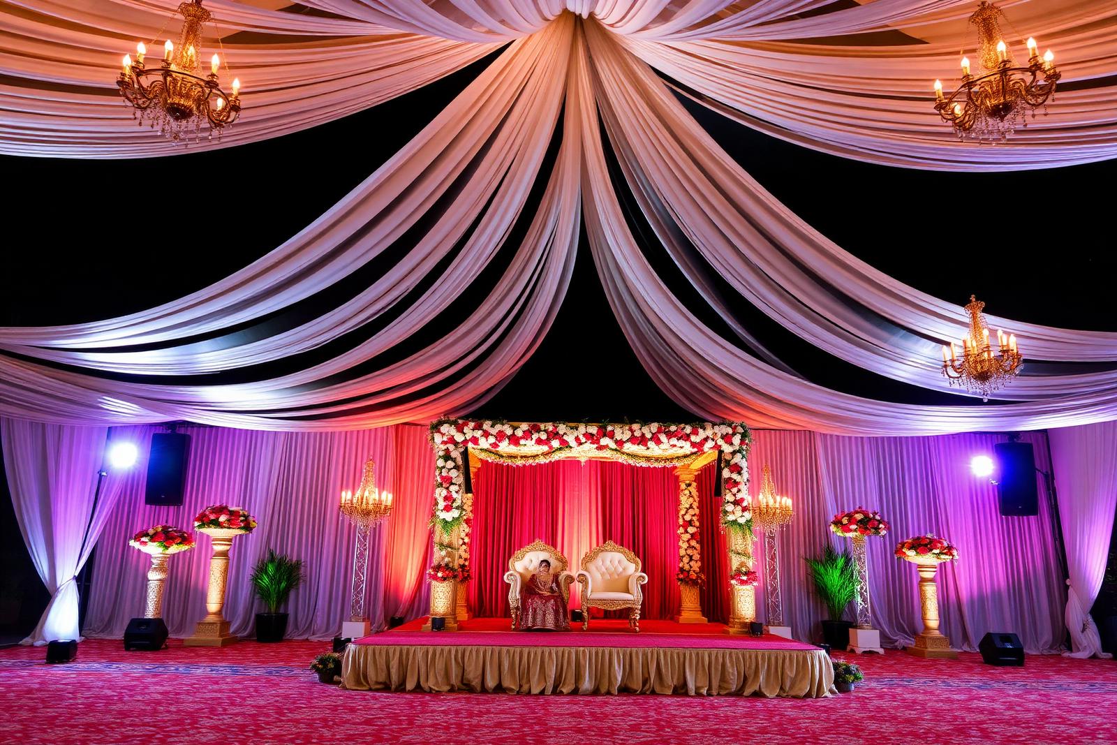 Reception stage and floral decor at Mango Bloom River Resort