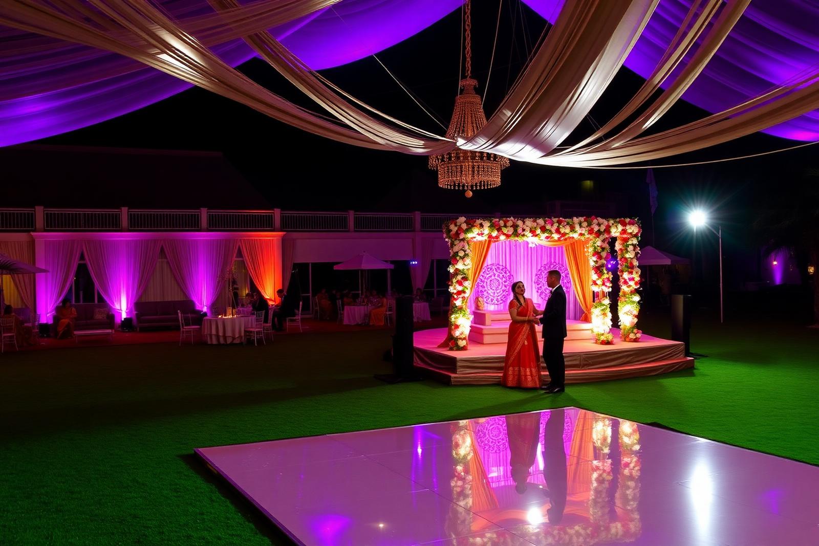 Sangeet stage and evening lighting at Mango Bloom River Resort