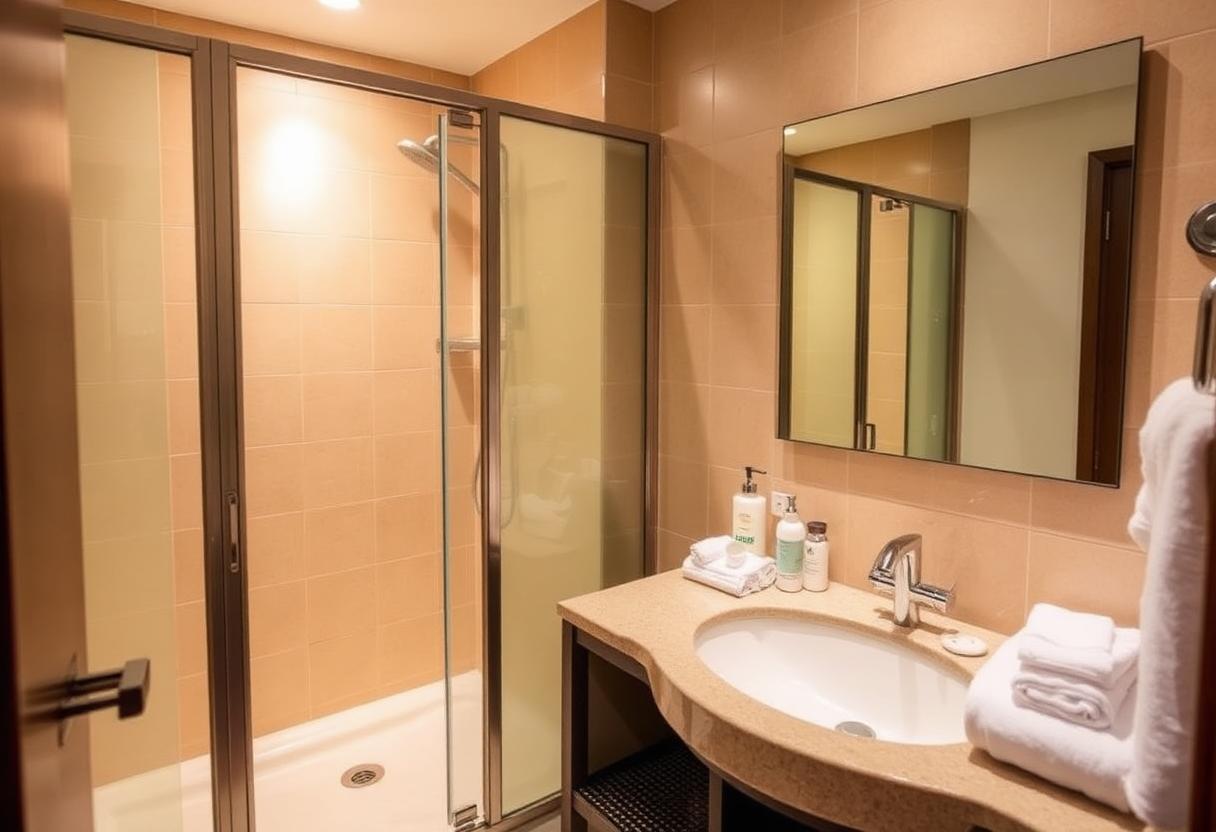Oak Room bathroom with shower enclosure, vanity and toiletries
