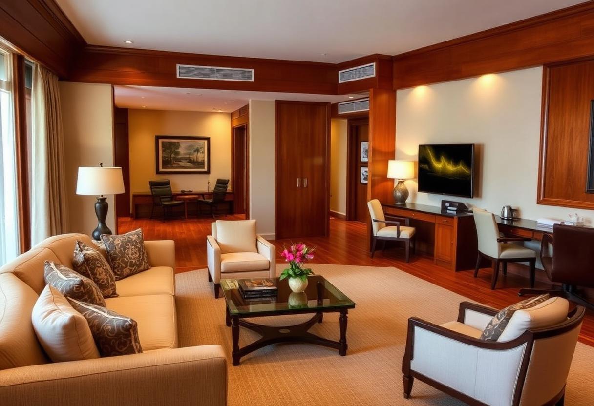 Palm Suite separate living area with sofa, armchairs and work desk