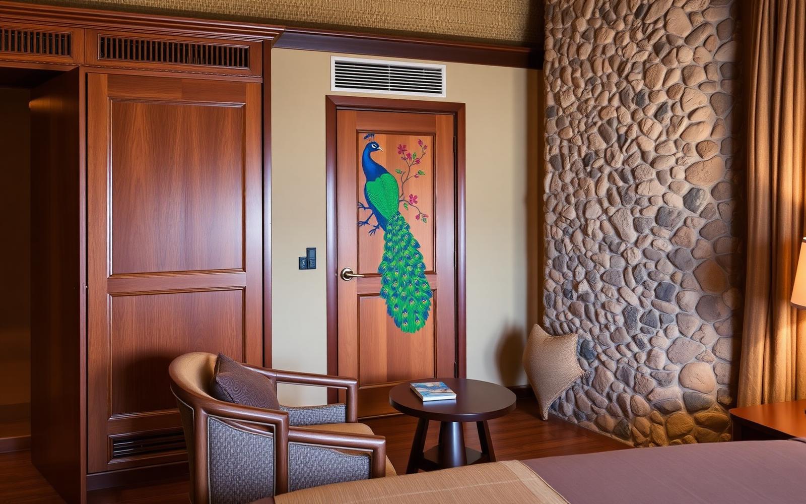 Pilkhan Suite pebble-stone wall interior and peacock-themed door at The Banyan Retreat