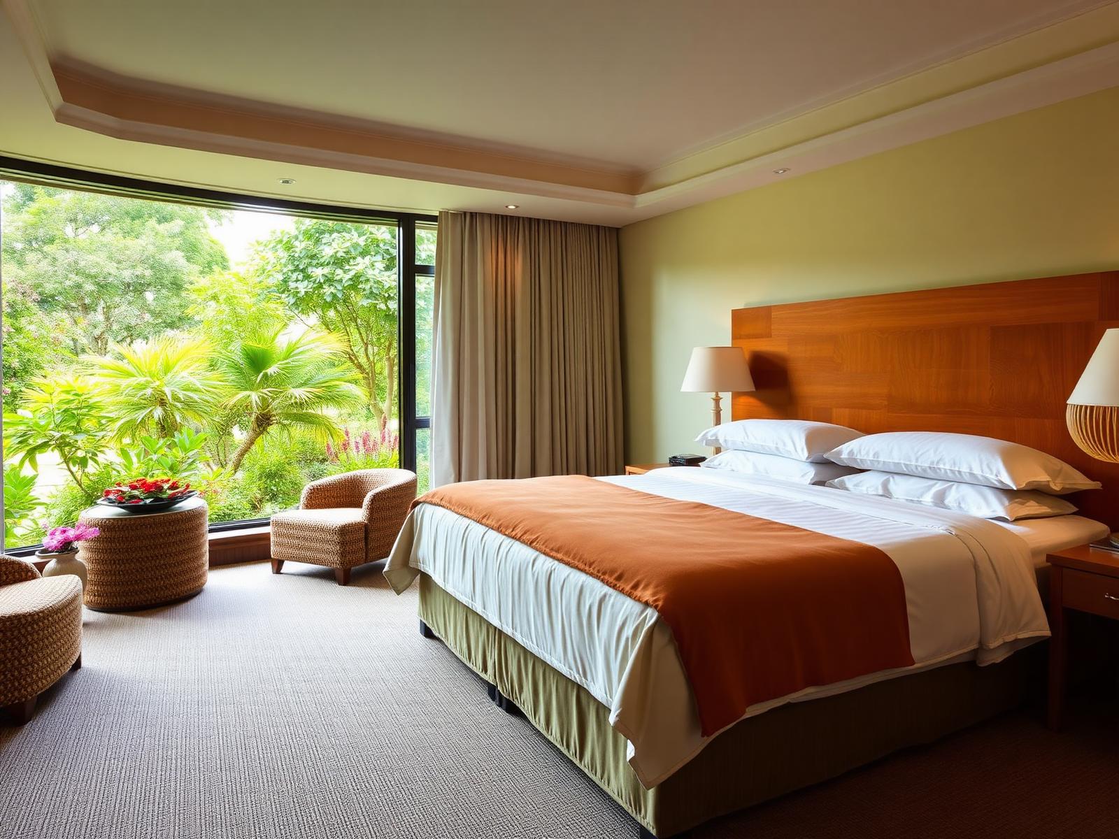 King bed and warm interiors of the Cotton Tree Room at La Perle River Resort