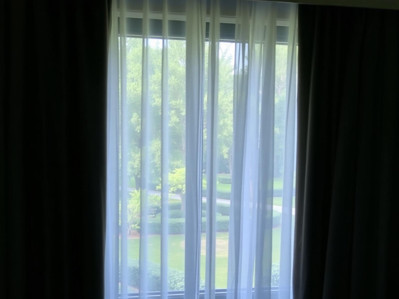 Garden view through the window of the Cotton Tree Room at La Perle River Resort