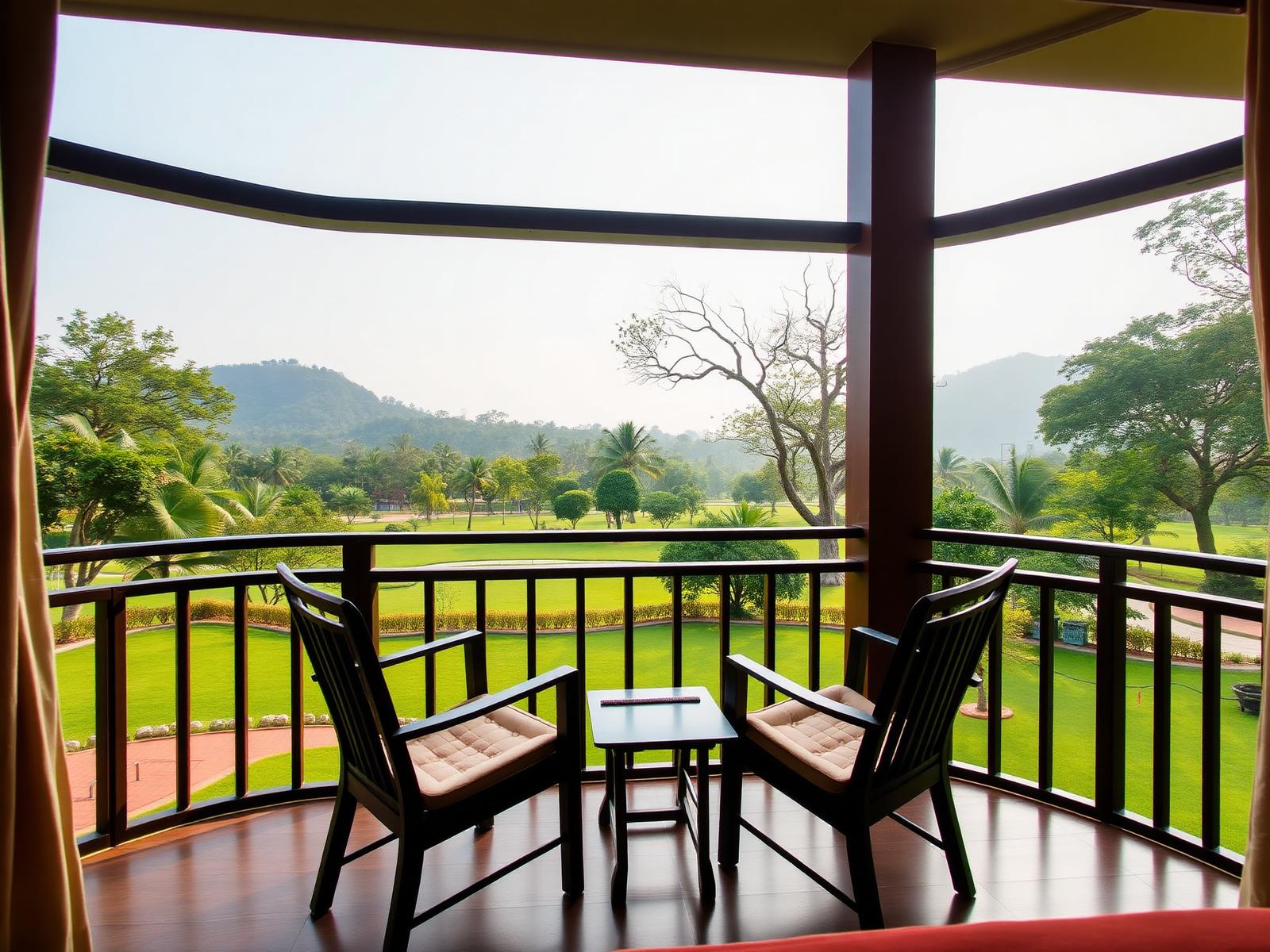 Balcony of the Elephant Park Premium room overlooking the resort lawns at La Perle River Resort
