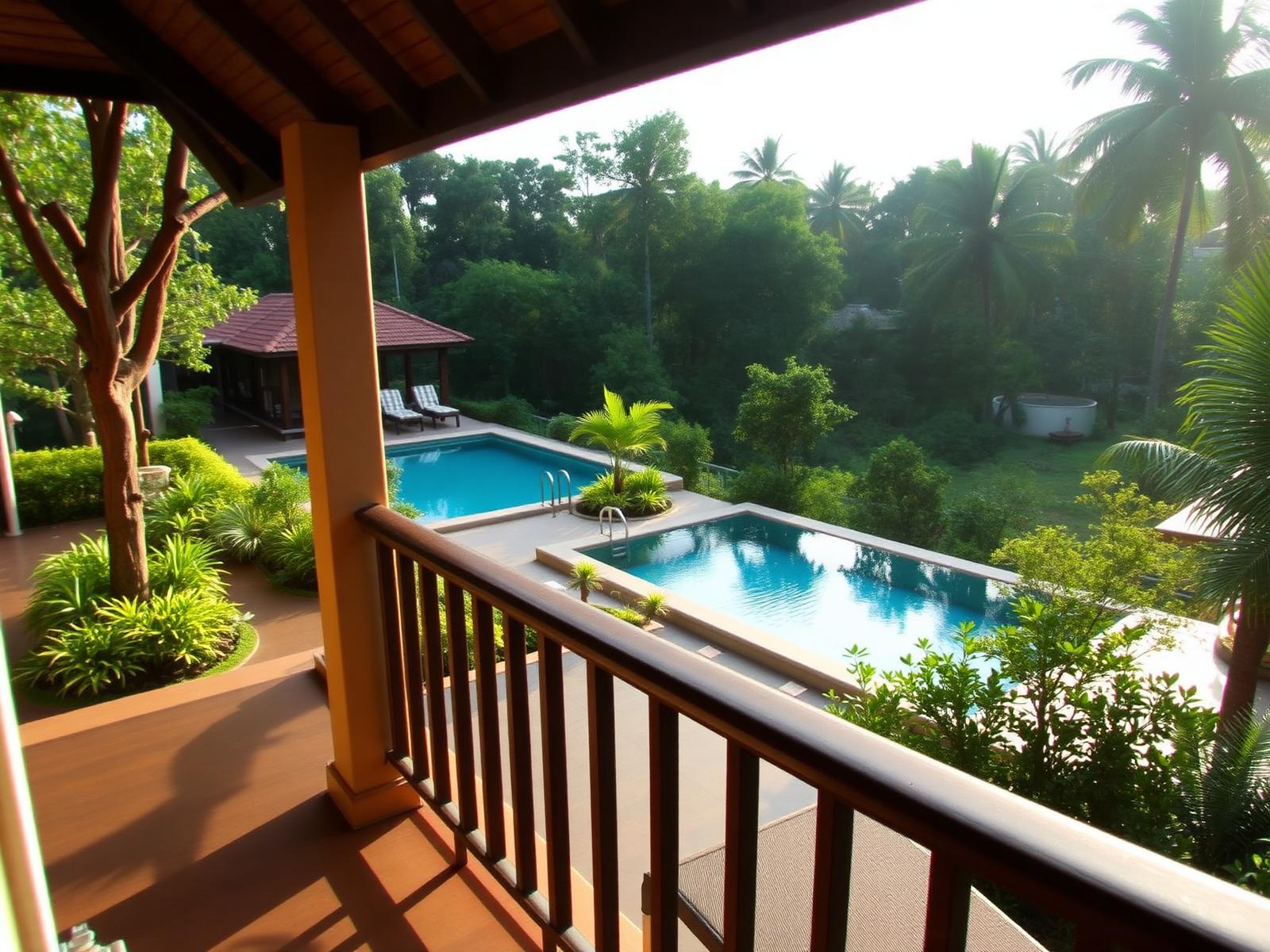 Swimming pool view from the Leopard Lair room at La Perle River Resort